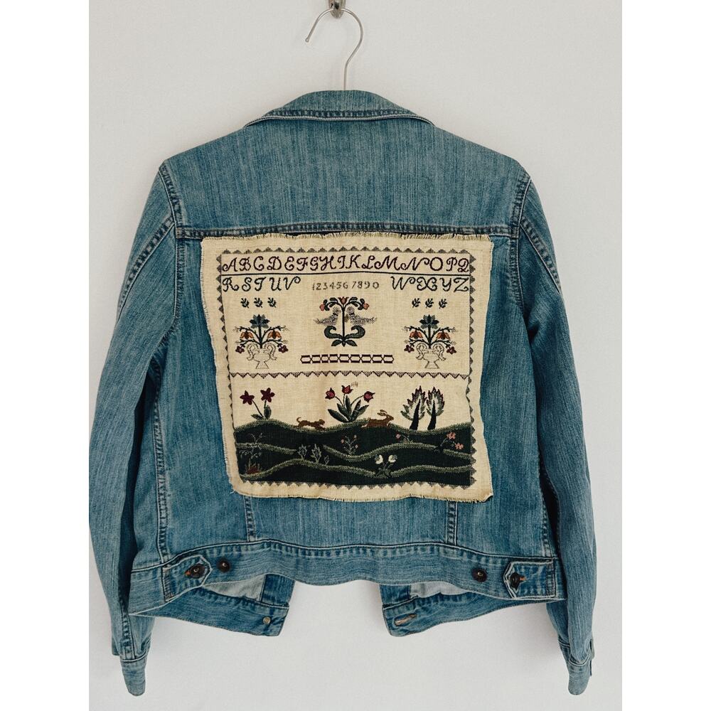 Cross Stitch Sampler Denim Jacket | One-of-a-Kind Upcycled Jean Jacket